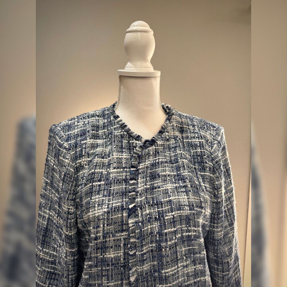 Blue/White Calvin Klein Classic Tweed Open Jacket Size 16 EUC - Picture 3 of 5